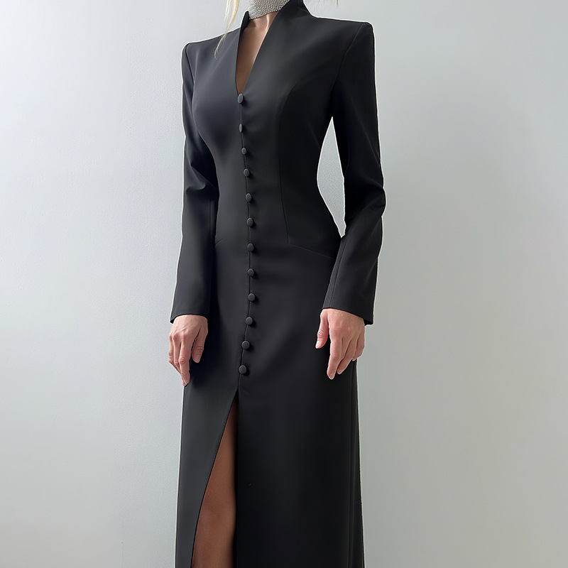 Plunging Neckline Long Sleeve Cinched Torso Vented Dress