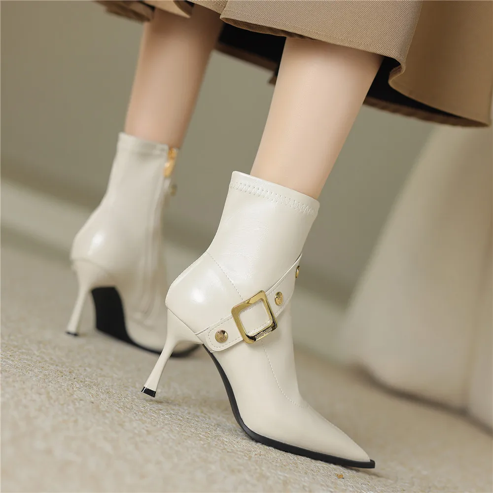 Pointed Toe Women Cow Leather Ankle Boots Thin Heels Zippers Solid Color Metal Rivet Dress Party Shoes