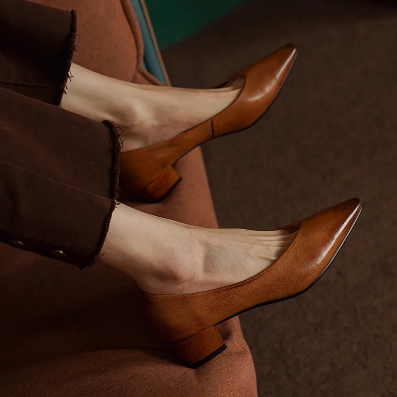 Classic Concise Women Pumps Thick Heels Genuine Leather Office Lady Working Mature Basic Shoes Spring Autumn 34-40