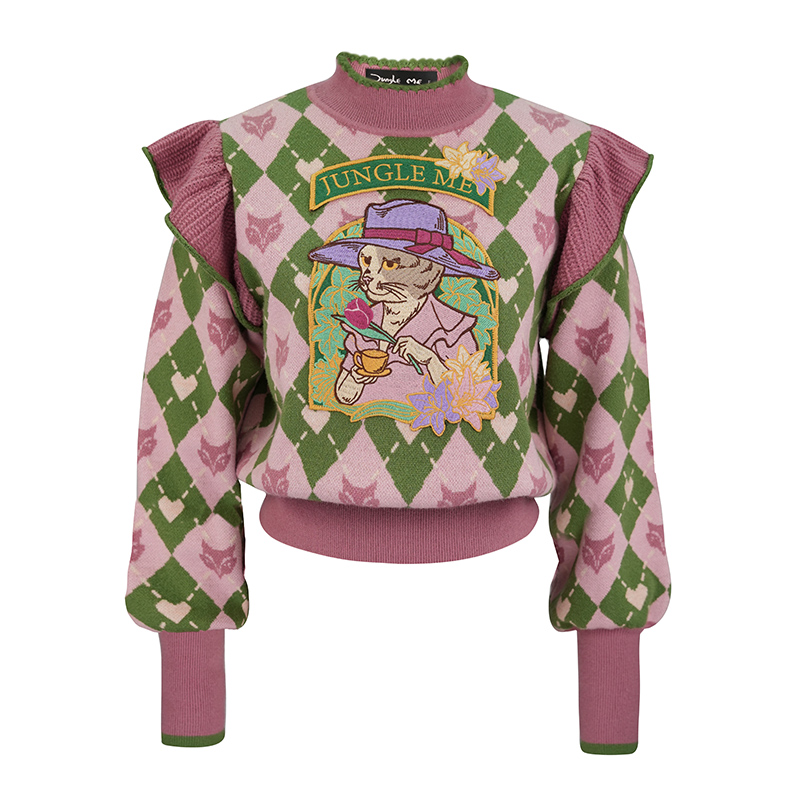 Rose Crew Collar Checkered Anime Kitten Frill Sweater