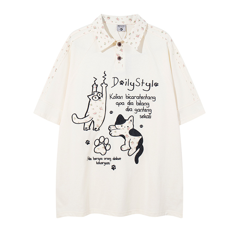 Retro Cute Cat Letter Embroidery Turn-Down Collar Short Sleeve T-Shirt Men's Loose Casual Couple Top