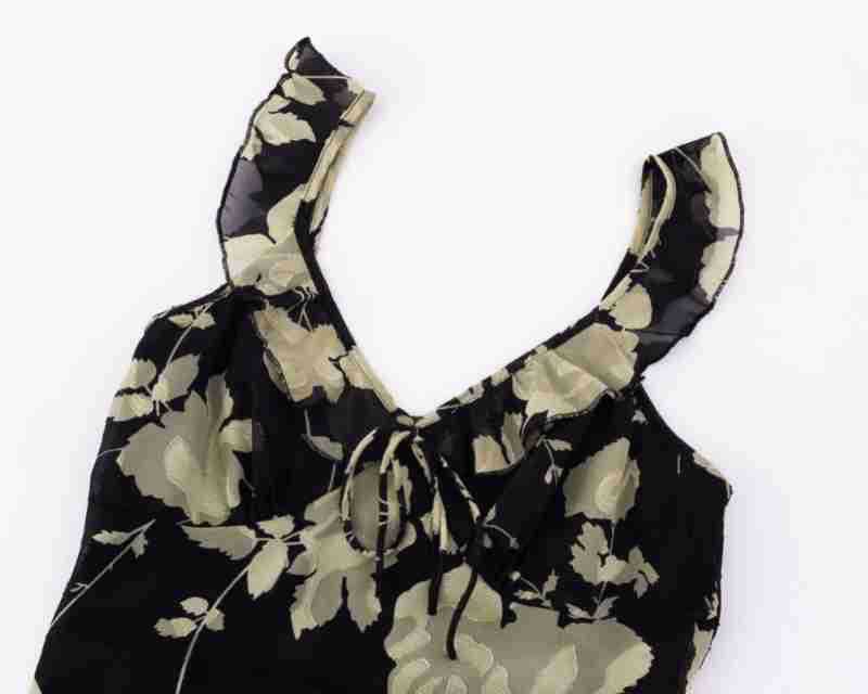 French Style V-Neck Ruffle Tie Floral Strapless Waist-Cinching Long Dress