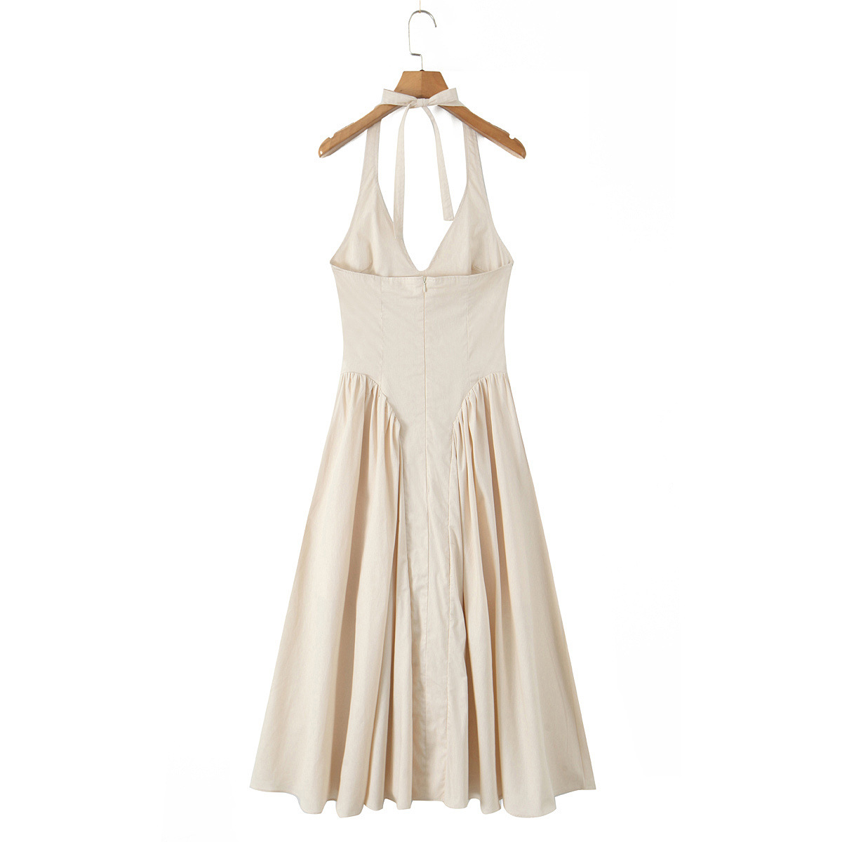 Backless hanging neck solid color waist cinched dress for women
