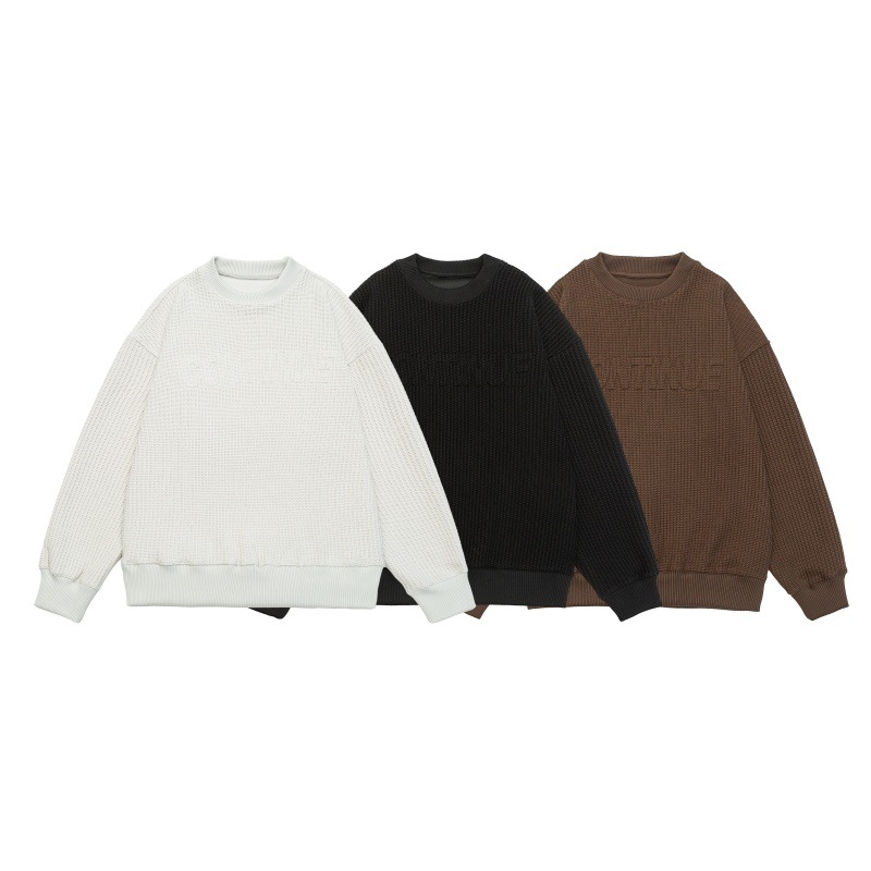 Solid color letter embossed round neck loose knit sweater