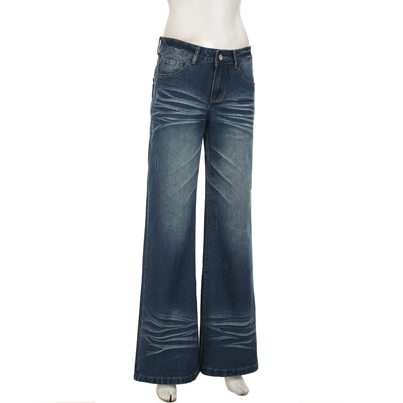 Vintage pleated washed denim jeans with loose fit and low waisted design for the street