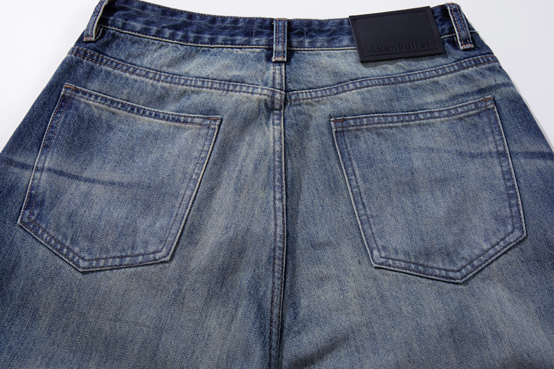 Vintage High-Quality INS Denim Pants Men High Street Washed Gradient Distressed Catwhisker Minimalist Wide-Leg Straight Leg Pants
