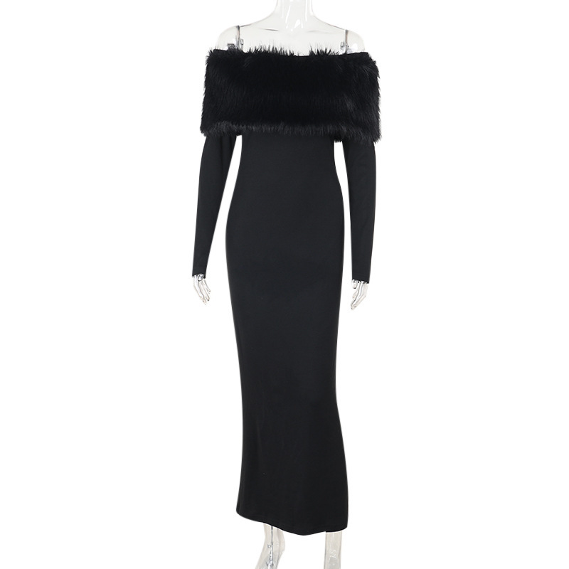 Body-Hugging Asymmetric Furry Trim Three-Quarter Sleeve Dress