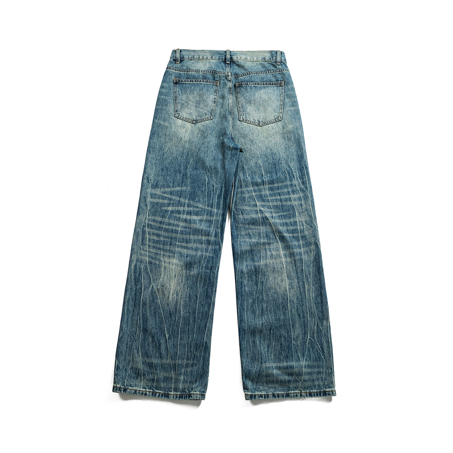 Lightning Crack Pattern Distressed Washed Denim High Waist Zipper Jeans