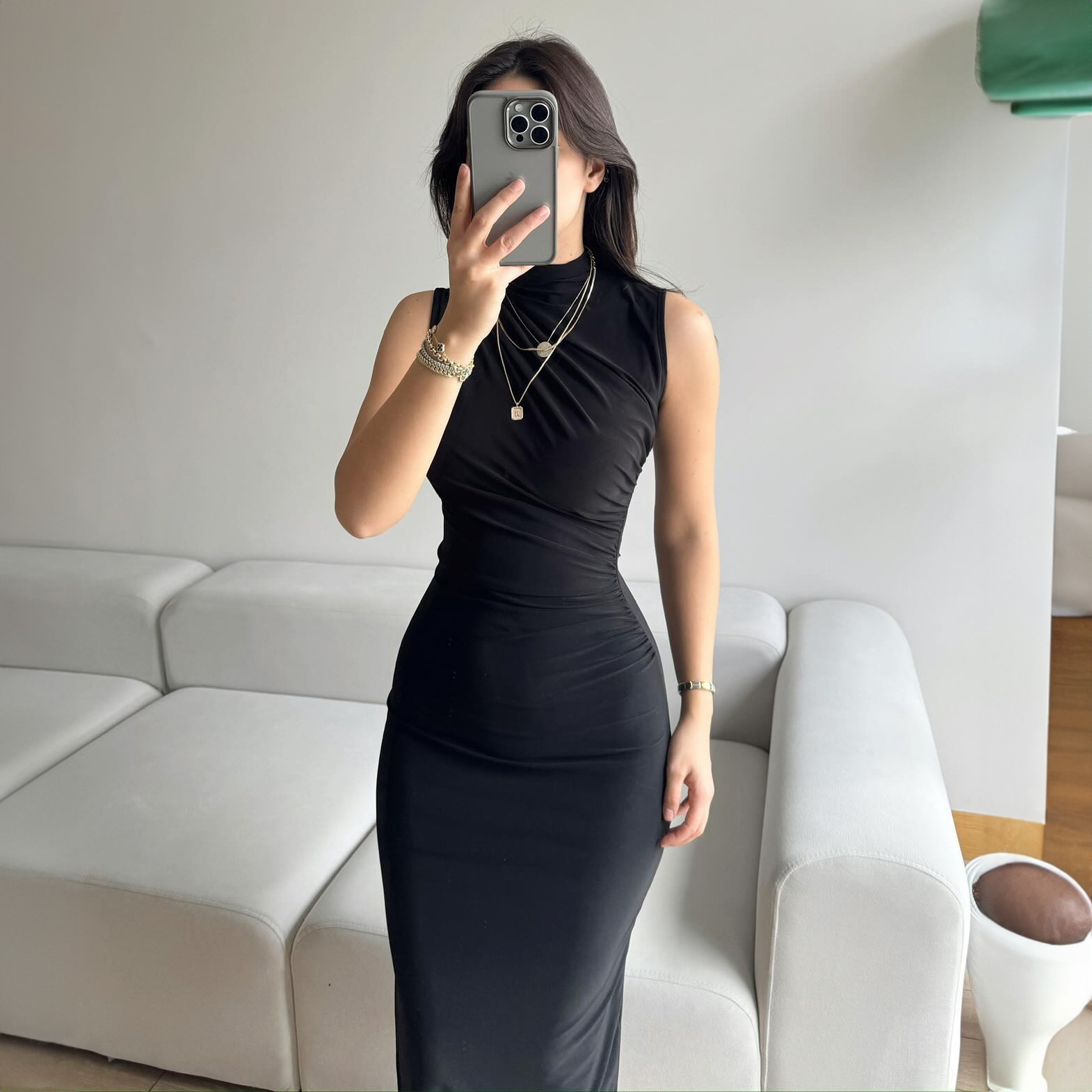 Mock Neck Side Split Bodycon Maxi Dress