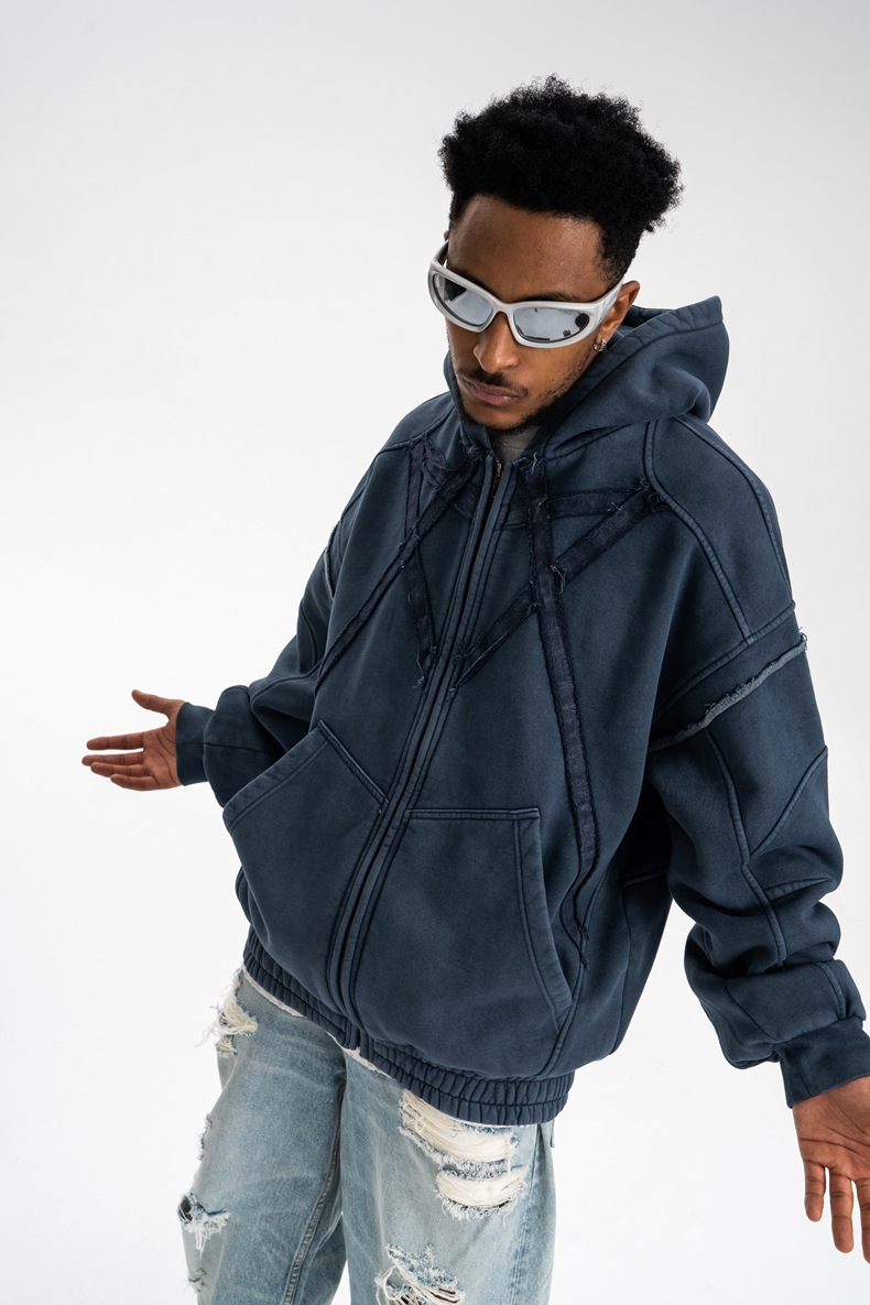 Utility Distressed Cotton Insulated Full-Zipper Embroidery Hoodie