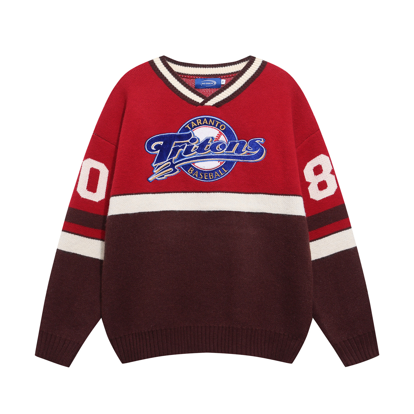 Color-Block Letter Embroidery Couple V-Neck Sweater Lazy Oversize Knitwear