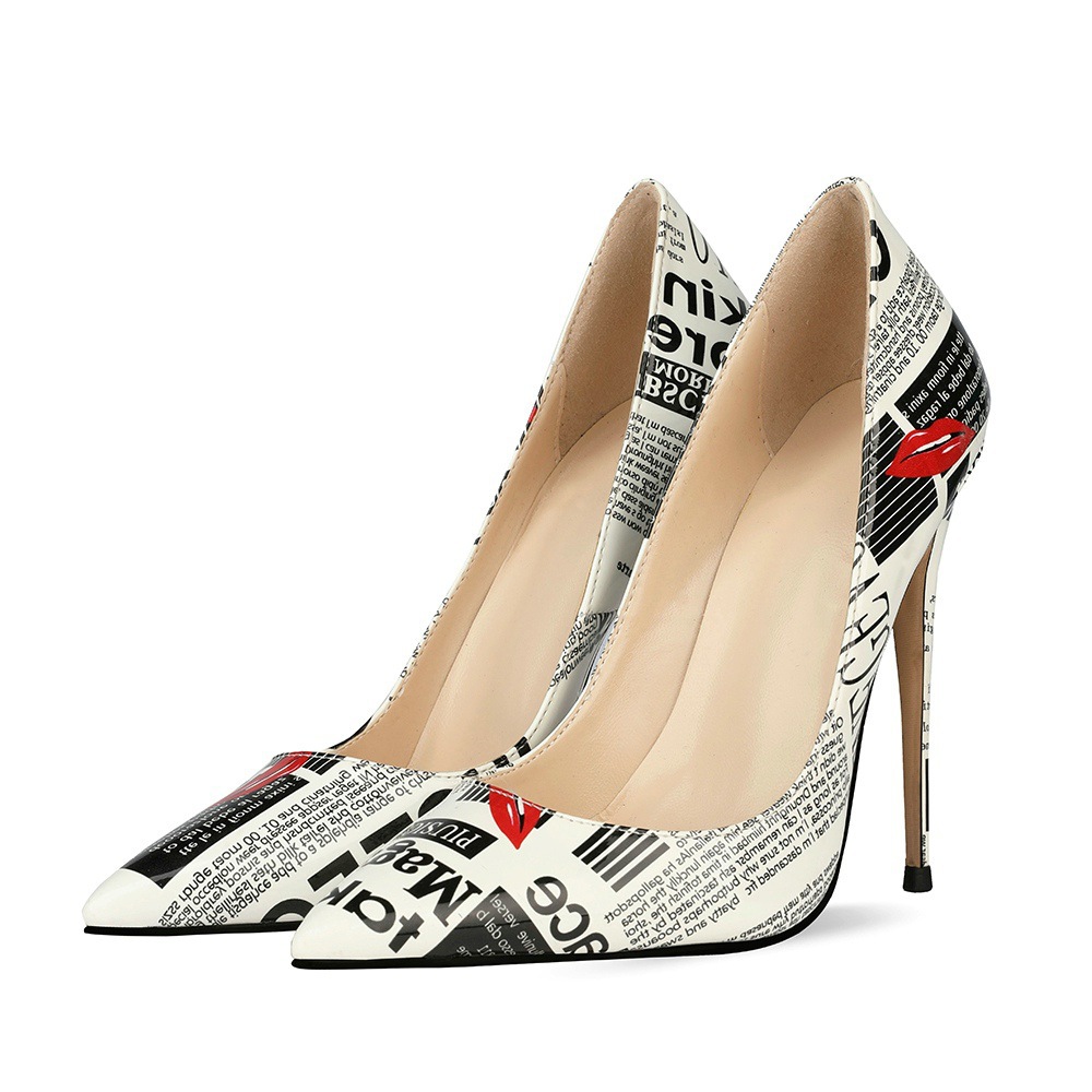Poster Letter Mouse Printed Thin High Heel Pointed Toe Female Dress Shoes Women Slip On Pumps Stiletto Heels