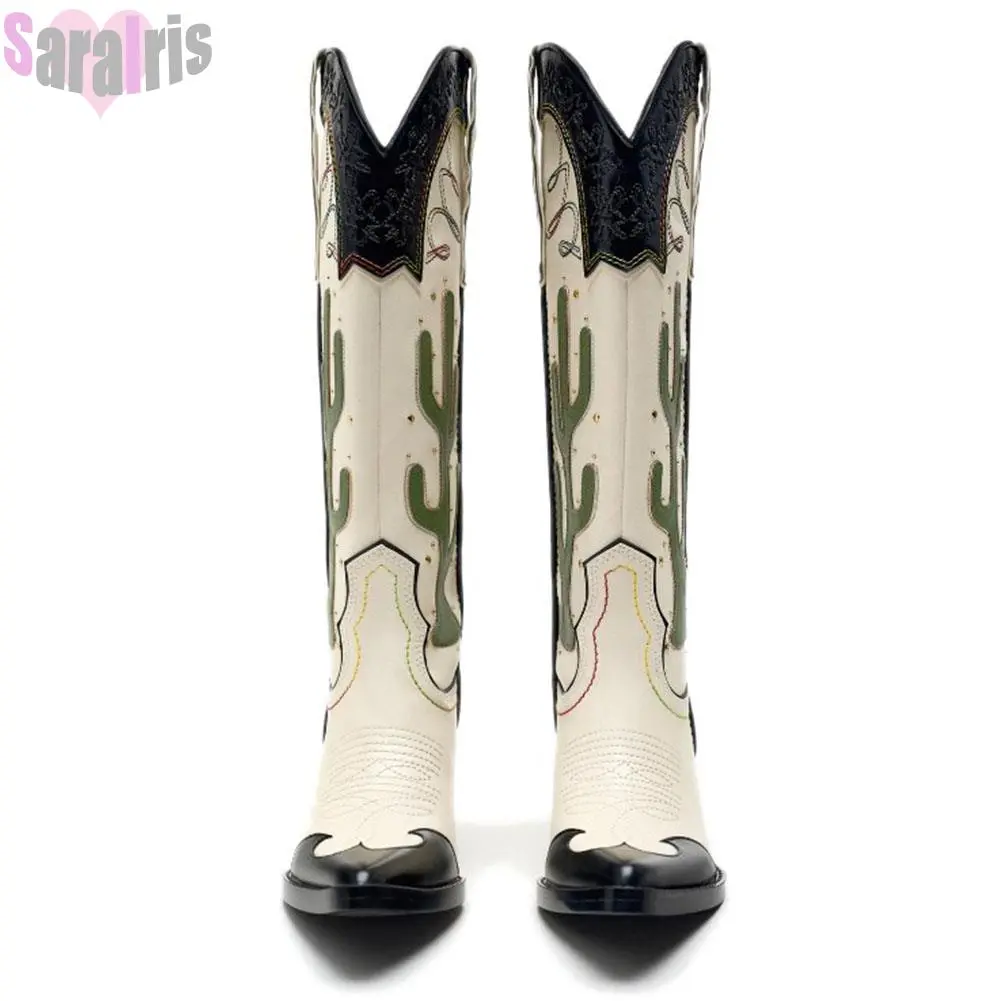 Western Cowboy Mid Calf Women Boots Chunky High Heels Cactus Vintage Cowgirl Long Boots Retro Shoes Woman