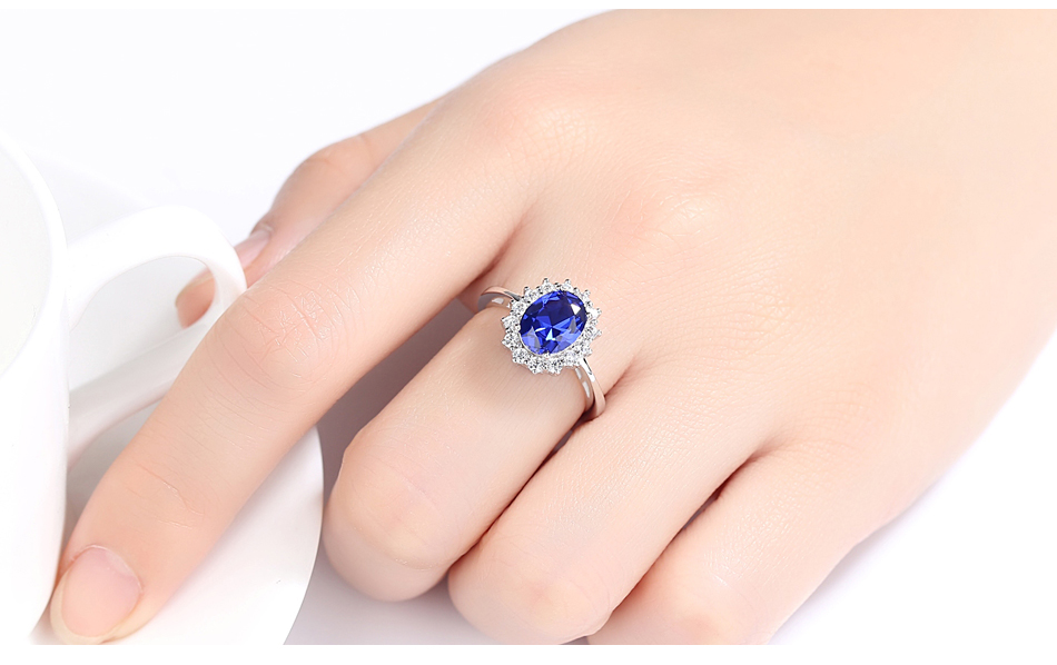 Princess Diana William Kate Gemstone Rings Sapphire Blue Wedding Engagement 925 Sterling Silver Finger Ring for Women