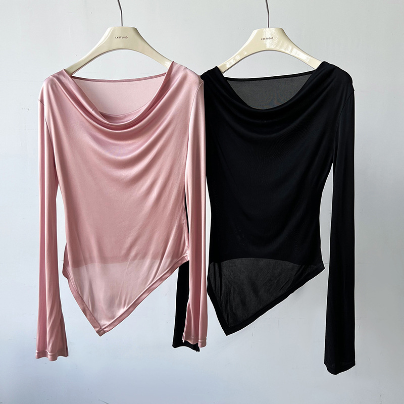 Women Slim Solid Cowl Neck Elongated Sleeve Tee