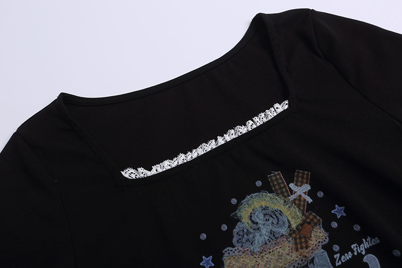 Sweet Printed Short Sleeve T-Shirt with Lace Trim Crop Top