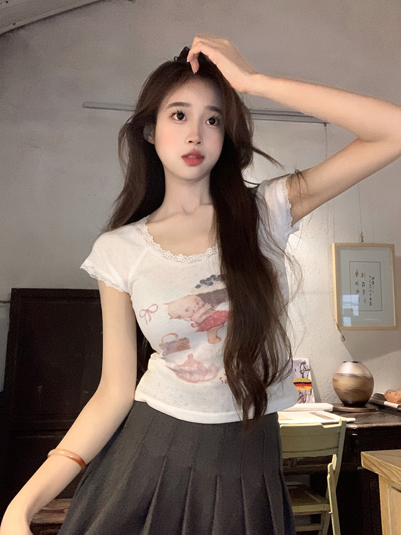 Lace lace slim fit short sleeved T-shirt