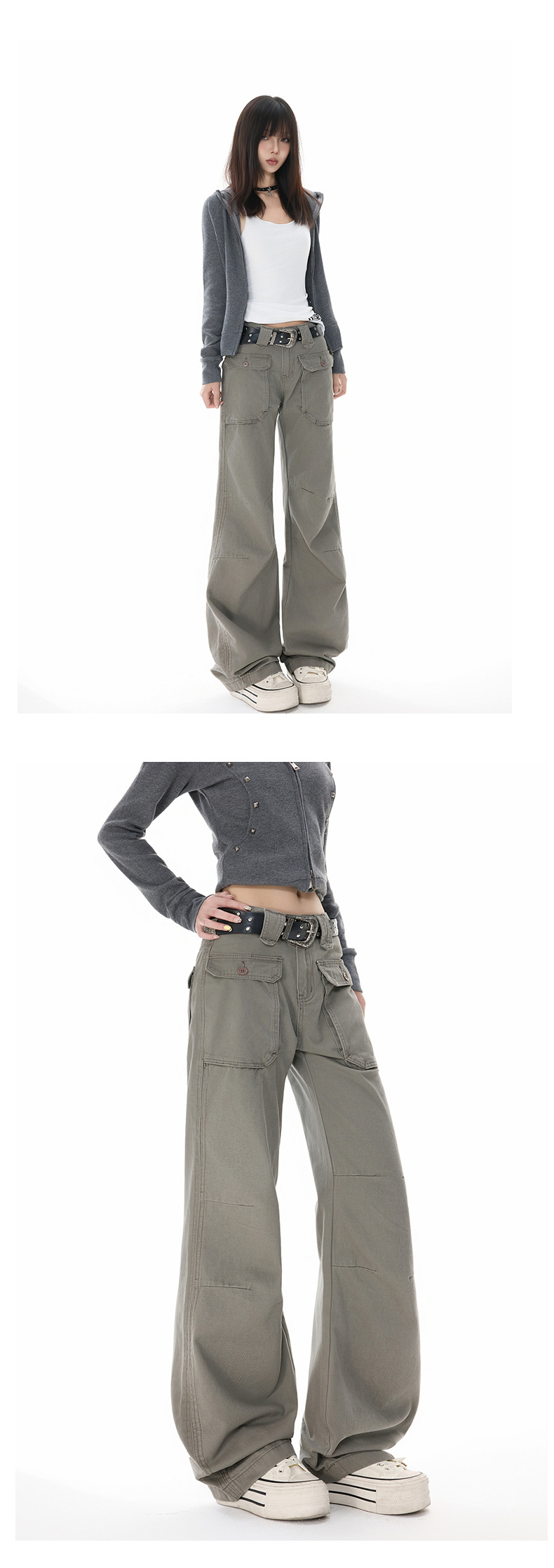 Women's Multi-Pocket Flared Work Jeans with Pleated Design and Low Waist Bootcut Style
