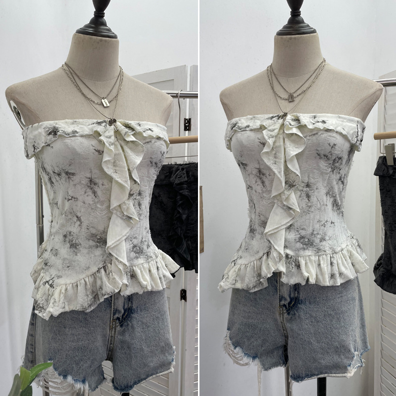 Ombre Asymmetrical Distressed Frilled Bandeau Vest