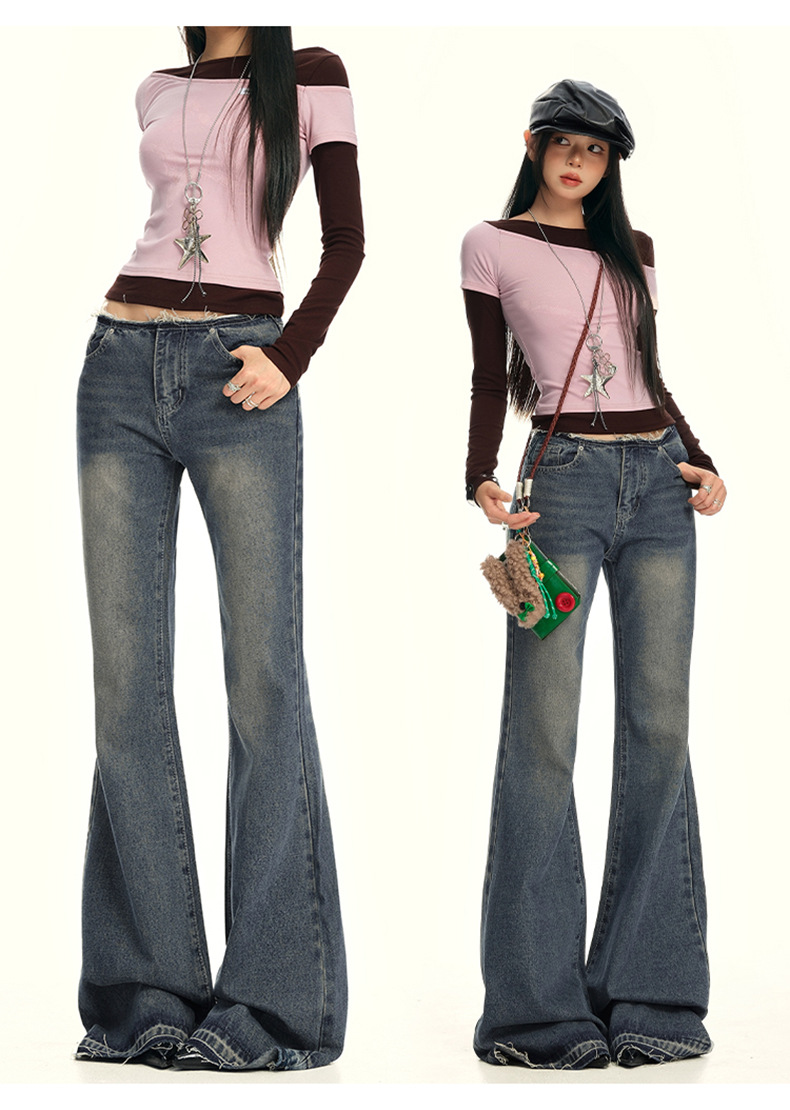 Women's Low Waist Flared Jeans Long Trumpet Pants Non-Skinny Trousers