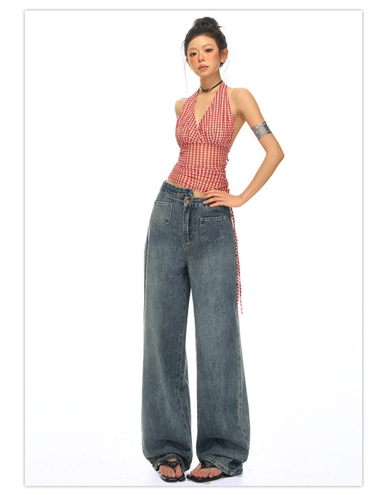 Blue High-Waisted Straight Leg Jeans for Women Loose Wide-Leg Pants Summer