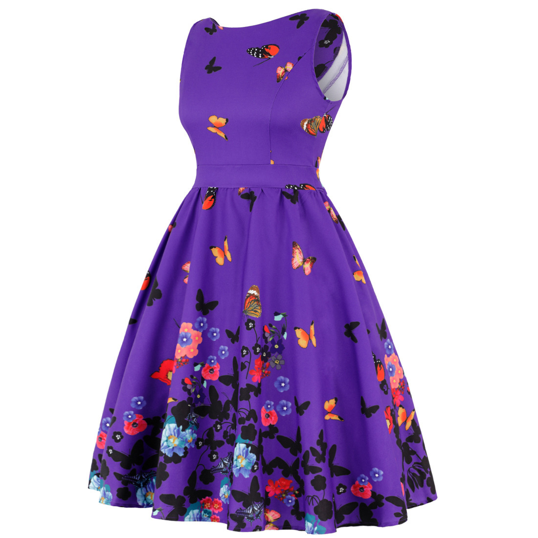 V-Neck Sleeveless High-Rise Flared Vintage Retro Patterned Dress