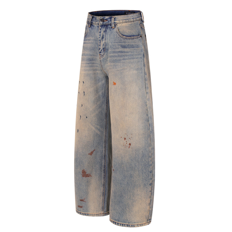 Streetwear Hip-hop Fashion Design Spray Painted Knife Pants for Men Loose Versatile Washed Distressed Denim Jeans