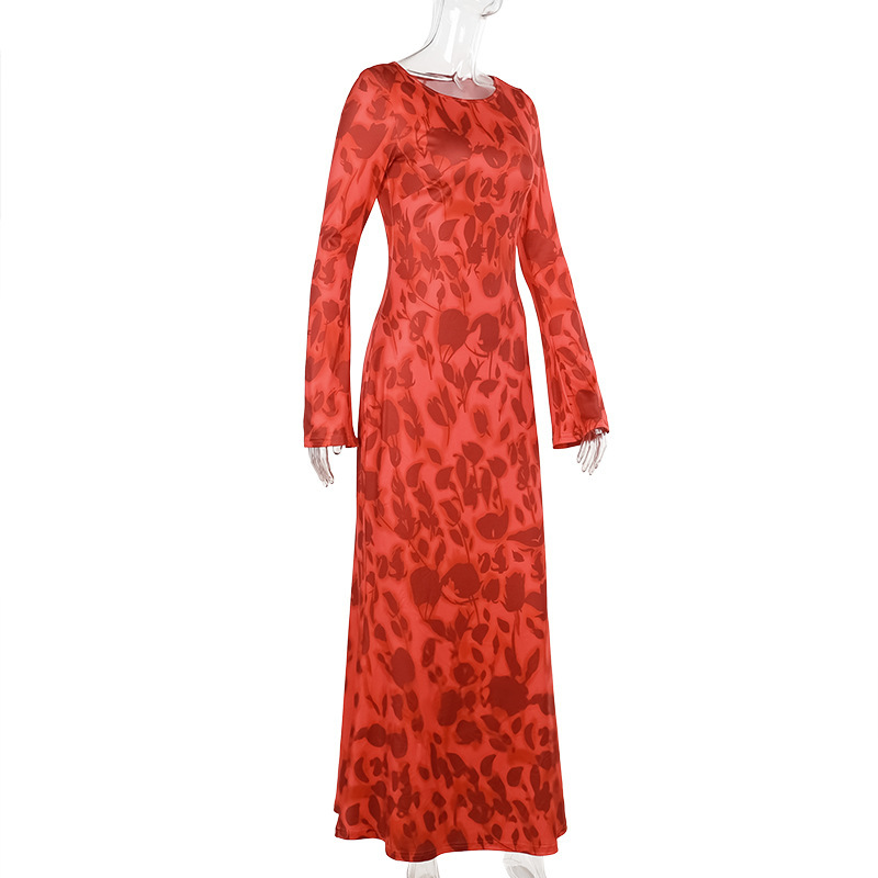 Maxi Skirt Full Sleeves Patterned Crew Collar Fitted