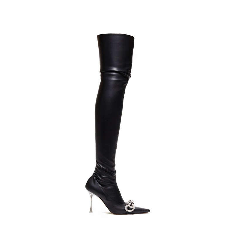 Ladies Rhinestone Knot Pointed Toe Over Knee Boots New Fall Super High Heel and Thigh Boots Side Zipper Sexy Boots