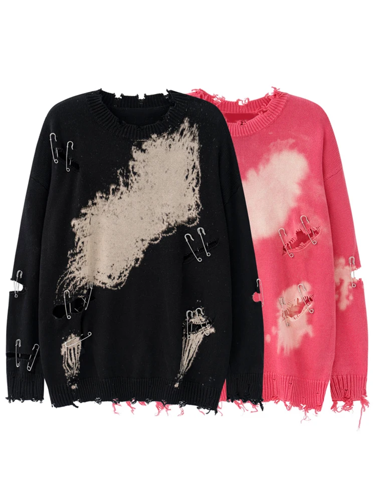 Ladies Needle-Knit Mosaic Openwork Marbled Sweater