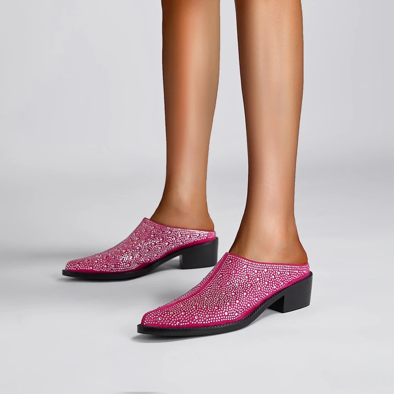 Ladies Tapered Toe Chunky Suede Crystal Mules