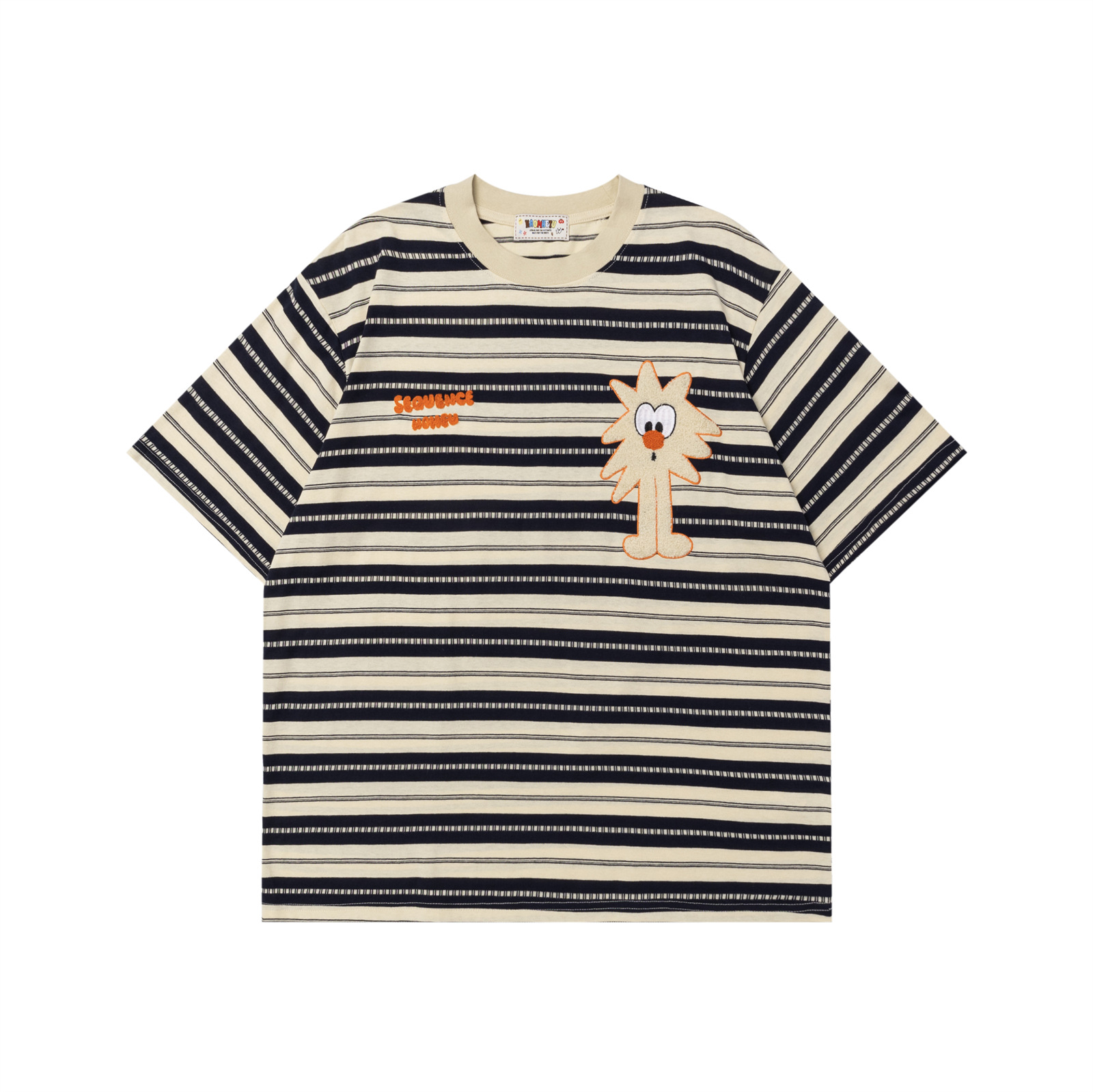 Cartoon embroidered striped short sleeved T-shirt