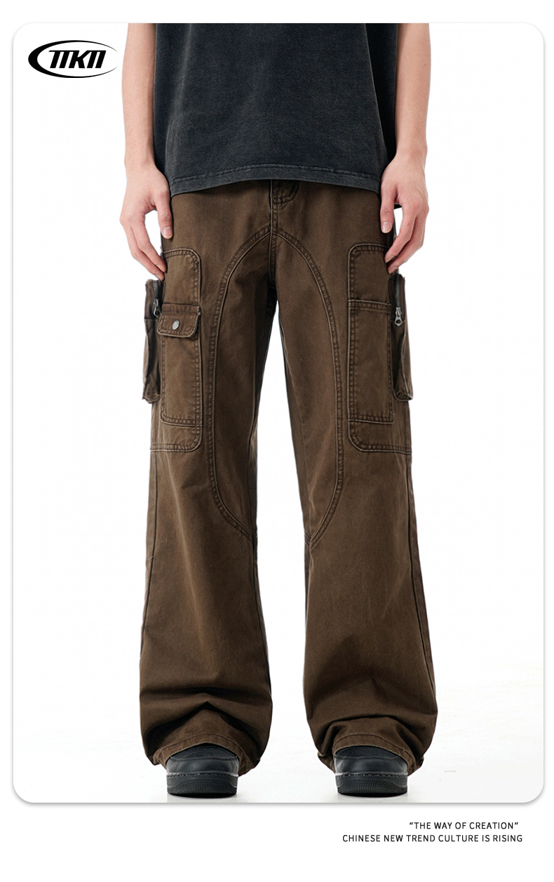 High Street Vibe Flared Loose Multi-Pocket Distressed Straight Casual Long Pants