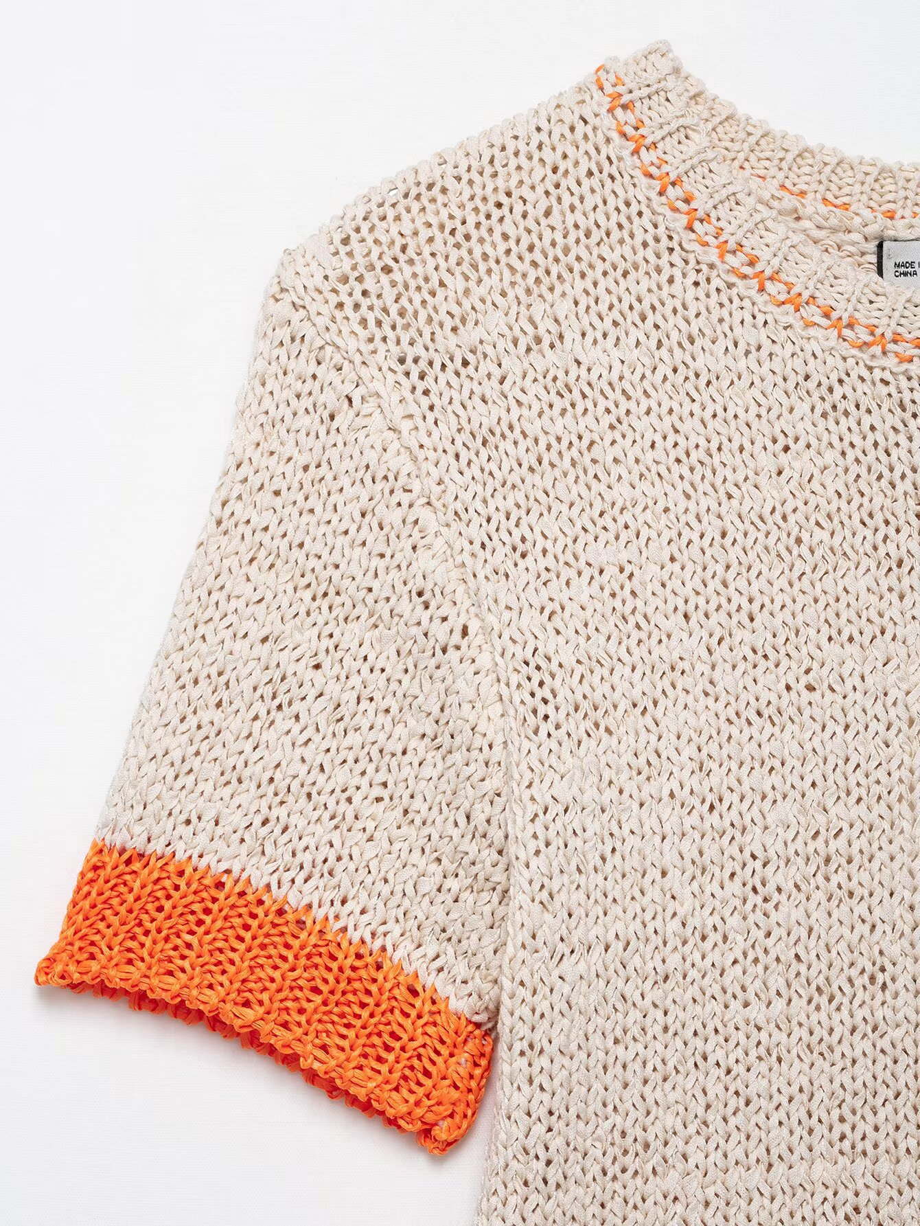 Fitted Three-Quarter Sleeve Polyester Accent Trim Sweater