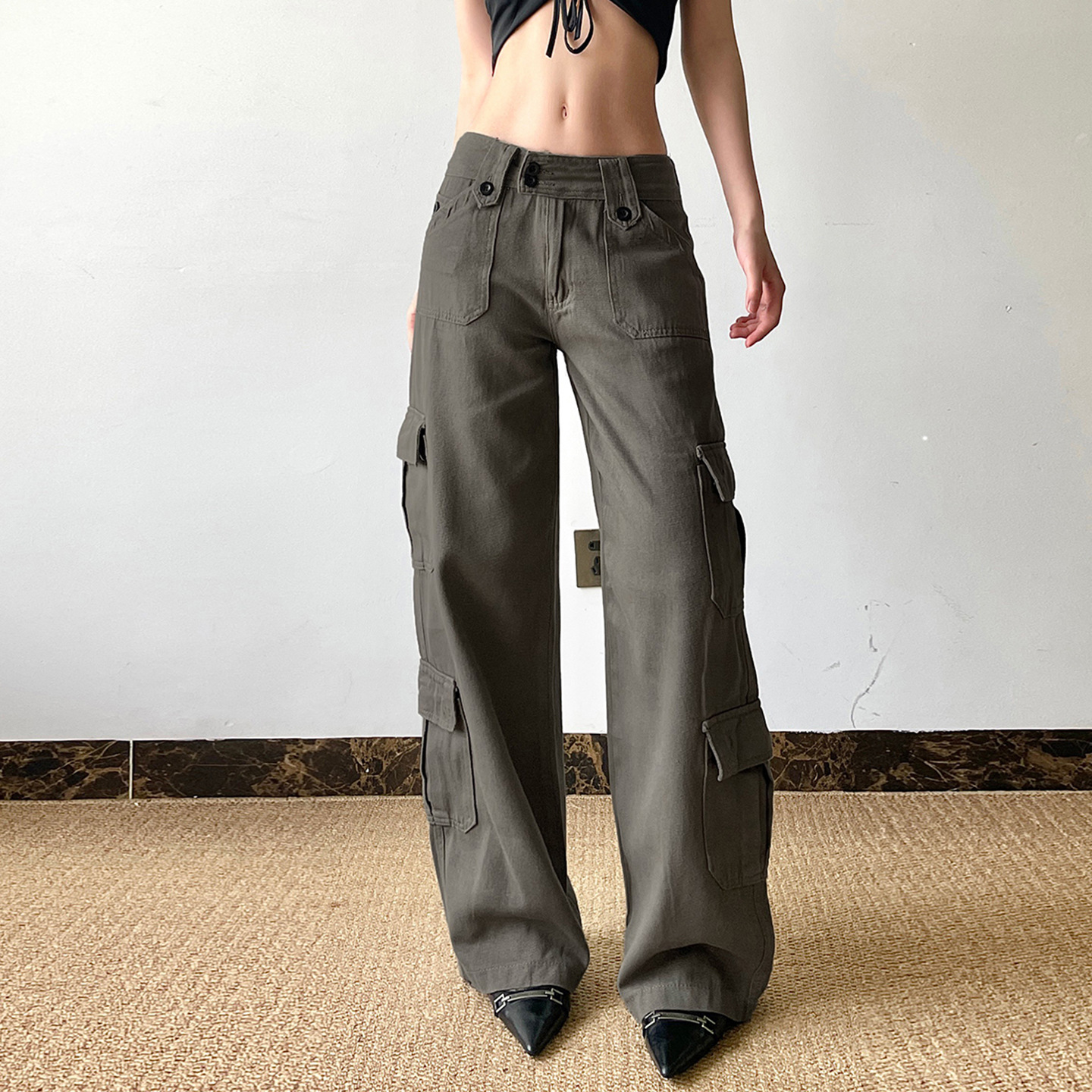 Low waisted workwear women's double row buckle multi pocket splicing straight leg wide leg jeans