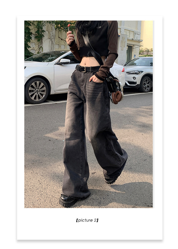 Women's Faded Black and Gray Denim Pants High-Waisted Loose Floor-Length Wide-Leg Trousers