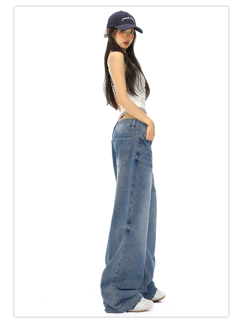 Women's Straight Jeans Washed Vintage Narrow Loose Wide-Leg Pants