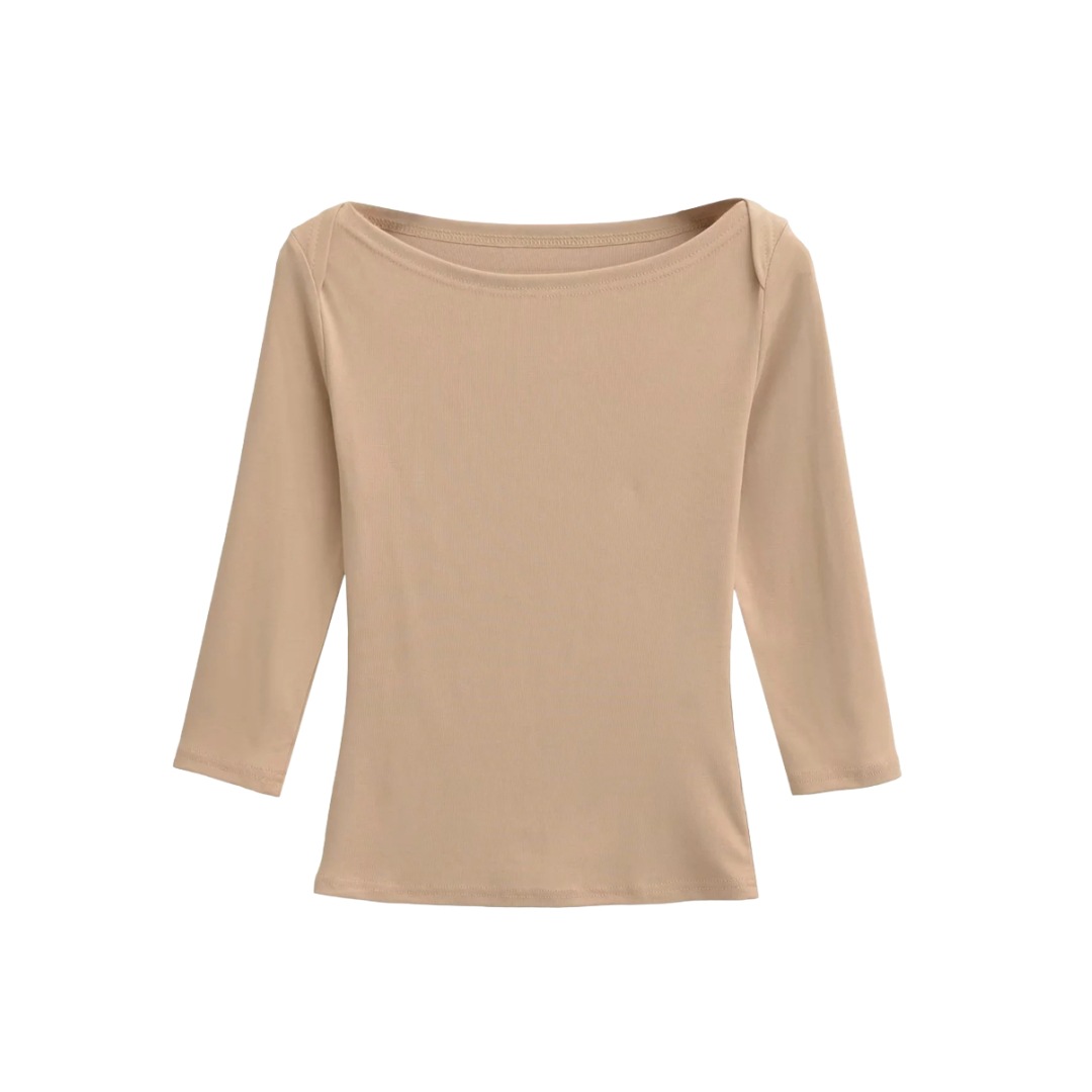 Slim Fit Plain Asymmetric Neck Elbow-Length Midriff Tee