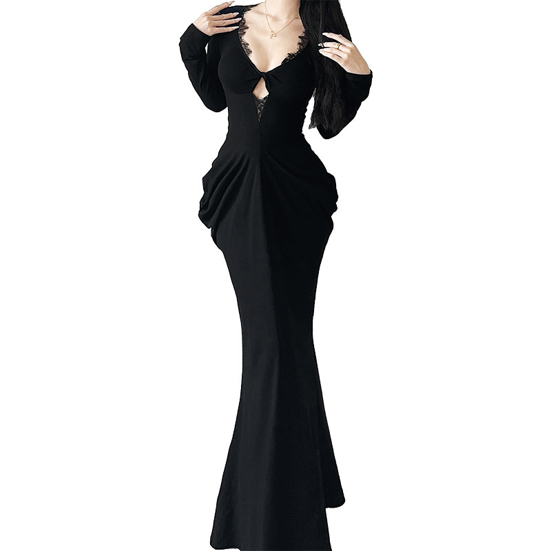 Plunging Neckline Long Sleeve Bodycon Dress
