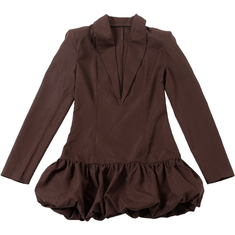 Plunging Neckline Full-Sleeve Tailored High-Waisted Bodycon Polyester Dress