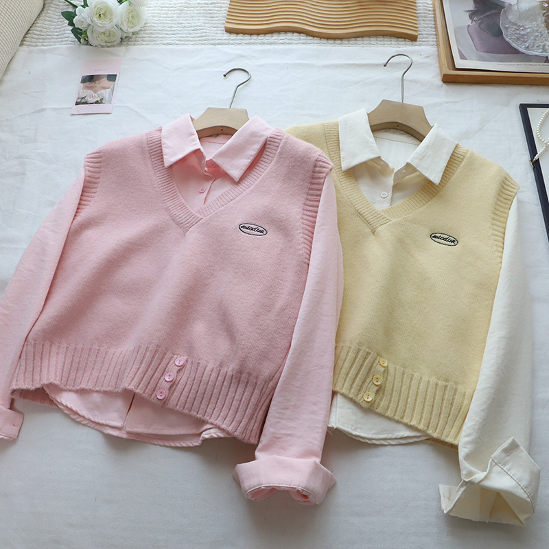 Fashion Two-Piece Set Shirt + Letter Embroidered Knit Vest for Women