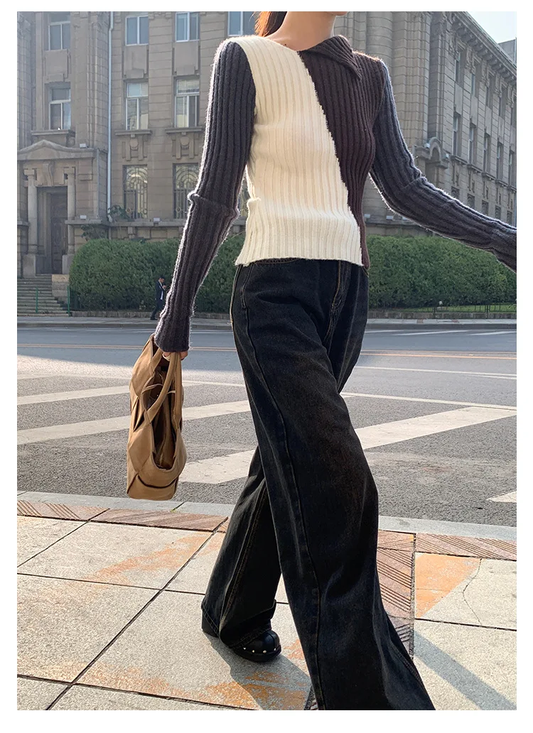Ladies Viscose Fitted Crewneck Colorblock Cozy Sweater