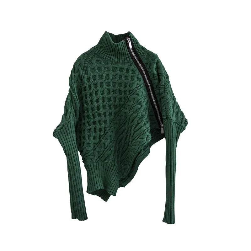 Oversized Zip-Front Polyester Cardigan Asymmetric Neckline