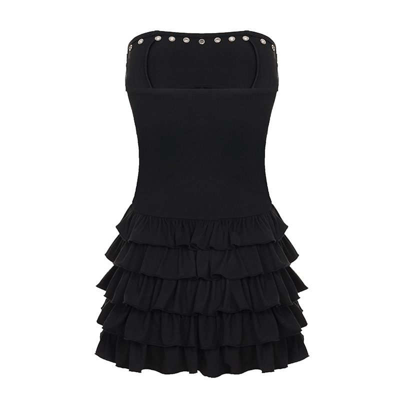 Sweet and Spicy Style Tube Top Waist-Cinching Fluffy Cake Skirt Design Eyelet Perforated Mini Short Dress