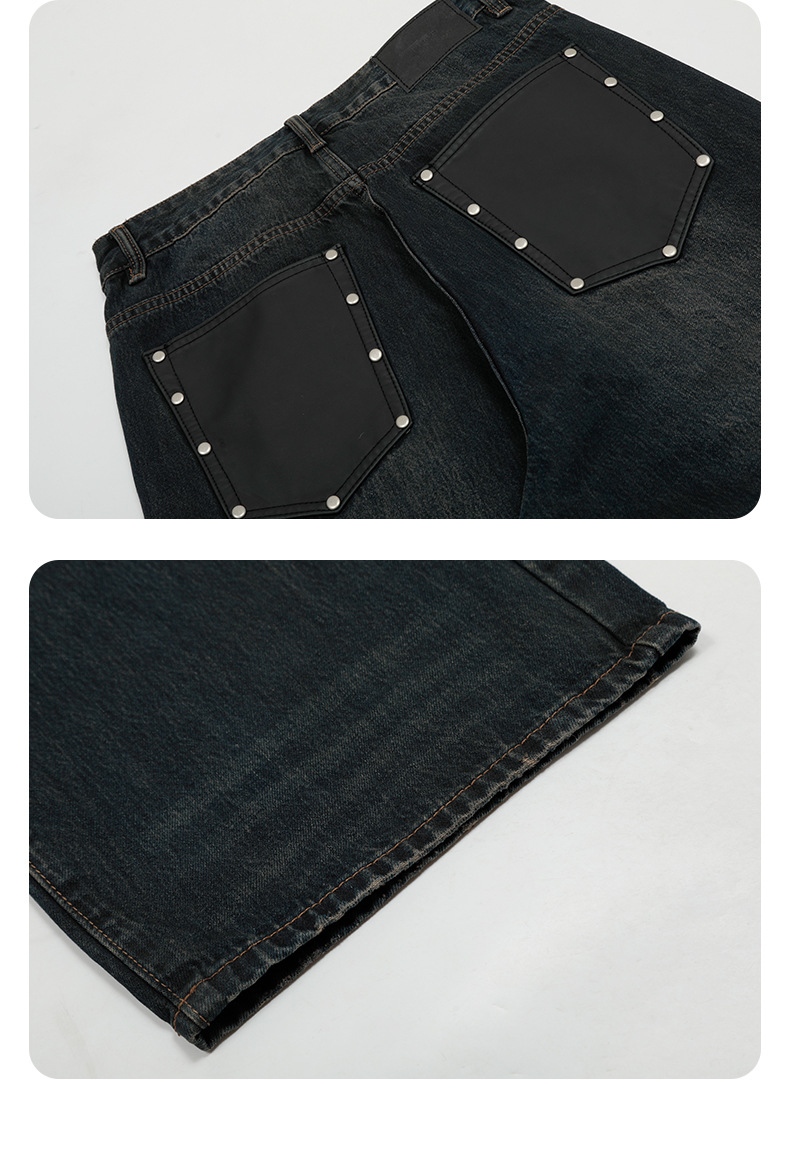 Water-Washed Distressed Loose Wide-Leg Rivet Punk Casual Long Pants