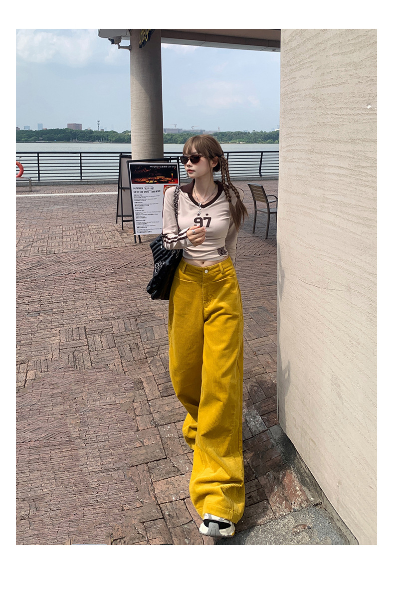 Women's Yellow Casual Pants Loose Wide Leg High Waist Corduroy Sweatpants