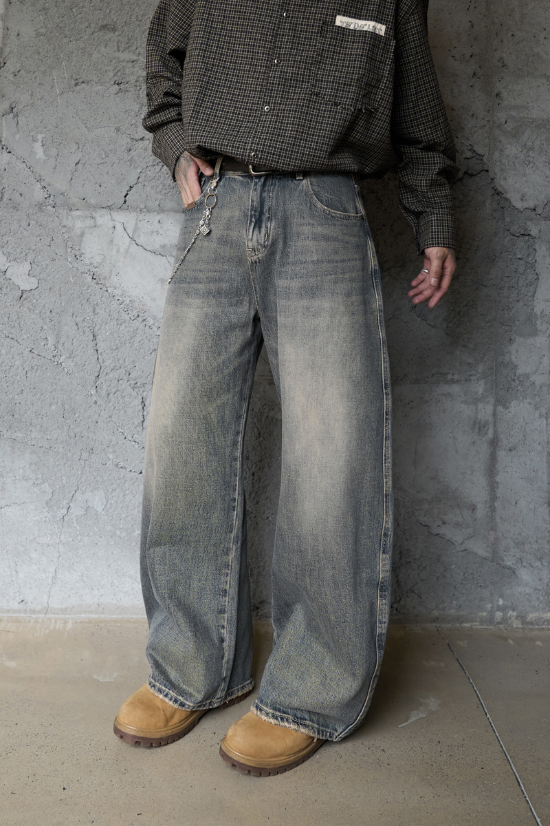 Washed Gradient Knife-Edge Denim Pants Men Streetwear High-Street Vibe Loose Straight Leg Wide Leg Pants