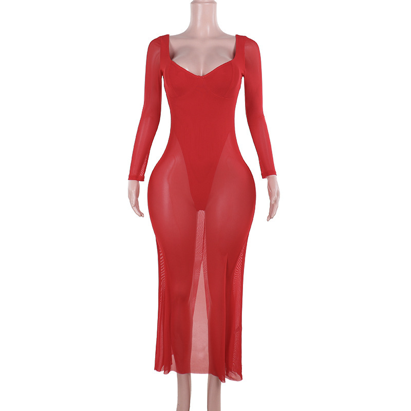 Sheer V-Neck Bodycon Full Sleeve Polyester Dress