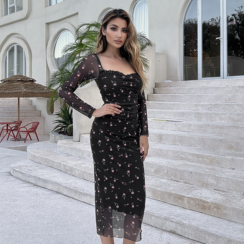 Vintage Square Neck Full-Sleeve Fitted Elastic Polyester Dress