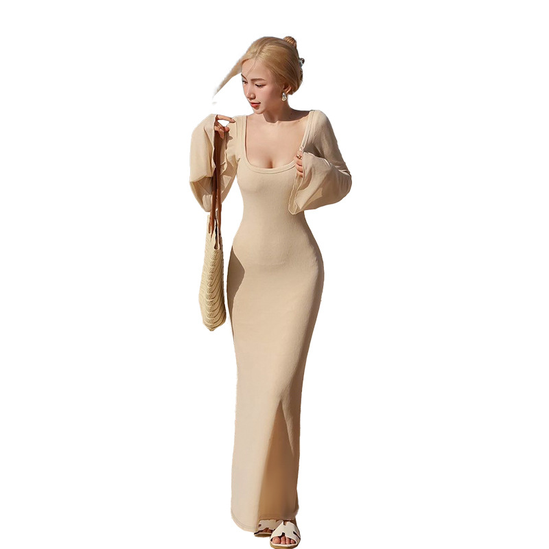 U-Neck High Waist Bodycon Bell Sleeve Maxi Dress